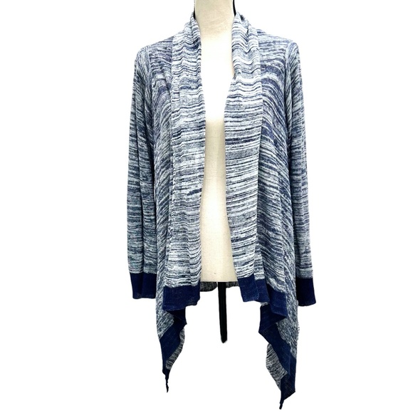 DKNY PURE BLUE AND WHITE OPEN KNIT CARDIGAN ASYMMETRICAL HEM SPACE DYE - Picture 2 of 15